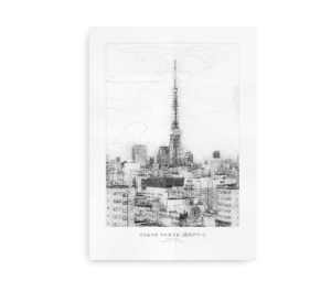 Minimalistisk skitseplakat af Tokyo Tower med en udsigt over byens skyline. Elegant design med japansk æstetik.