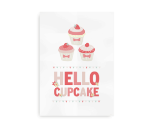 Plakat med tre søde cupcakes og teksten "Hello Cupcake" i lyserøde nuancer.
