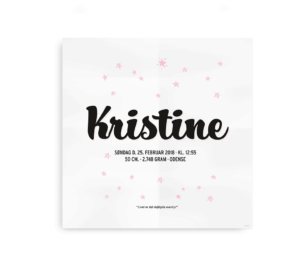 Personlig navneplakat med barnets navn, stjernetema og fødselsinformationer.