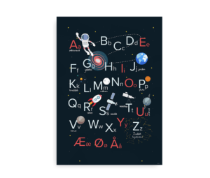 Astronomi ABC-plakat med både store og små bogstaver, illustreret med astronauter, planeter, galakser og teleskoper.