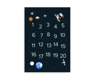 Talplakat med astronomitema, der viser tallene fra 1 til 20, ledsaget af planeter, en astronaut og en raket på en nattehimmel.