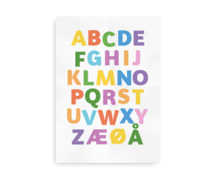Farverig alfabet plakat med bogstaverne A til Å i forskellige klare farver på en hvid baggrund.