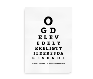 Bryllupsplakat designet som en øjentest, hvor navne og bryllupsdato kan tilpasses for brudeparret.