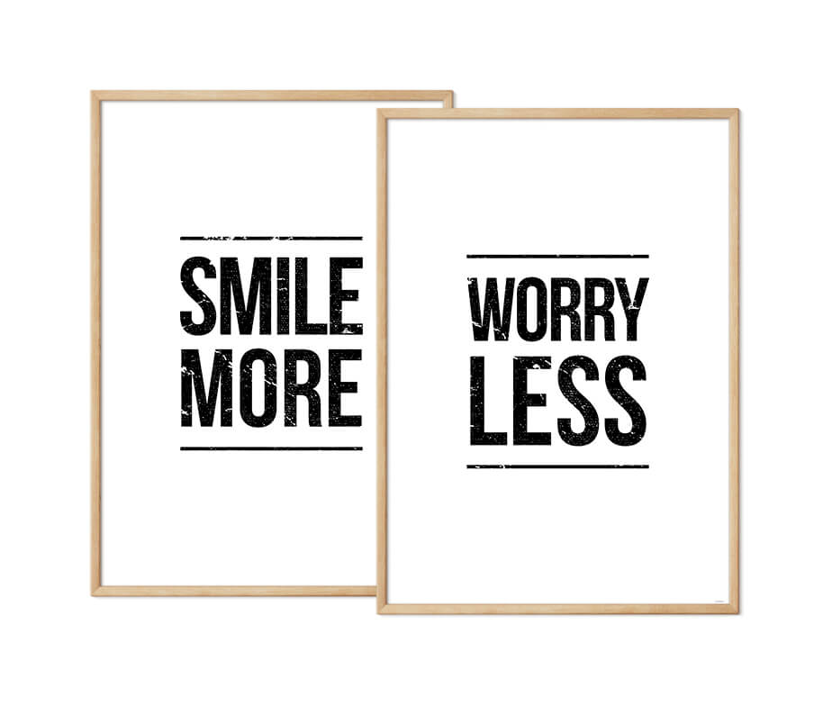 Smile More - Worry Less - hvid citatplakat
