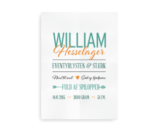 Farverig navneplakat og fødselstavle med grøn og orange tekst. Kan tilpasses med barnets navn, fødselsdato, vægt og længde.