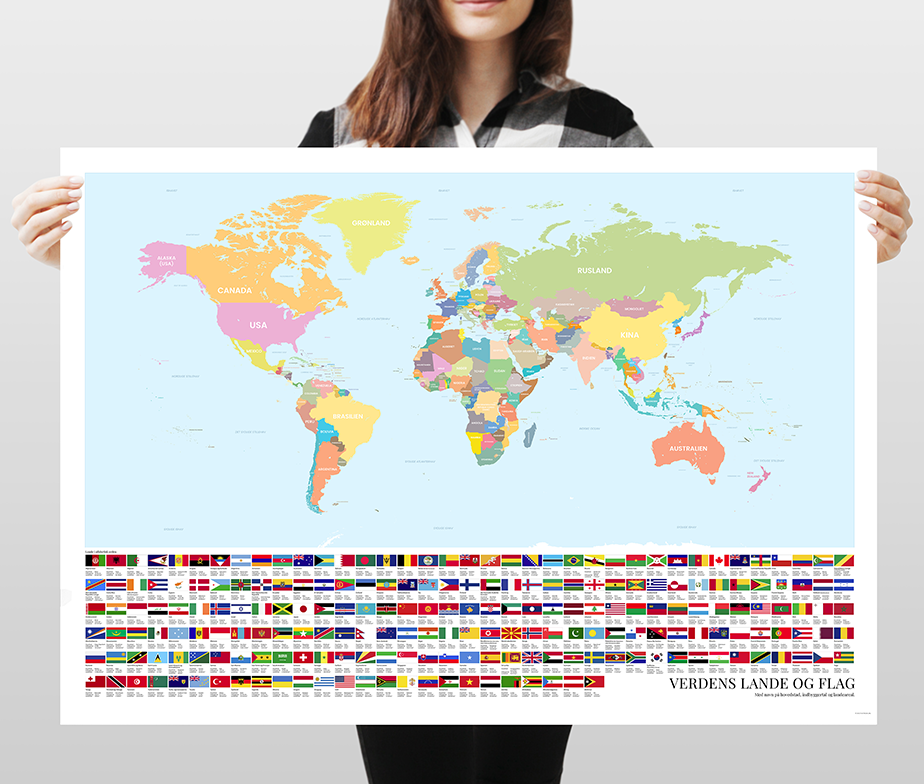 Verdens lande og flag - plakat med lande, hovedstæder og befolkningstal
