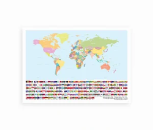 Farverigt verdenskort med navne på lande og nationale flag i bunden – lærerig plakat til børn og voksne