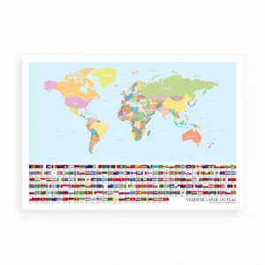 Farverigt verdenskort med navne på lande og nationale flag i bunden – lærerig plakat til børn og voksne