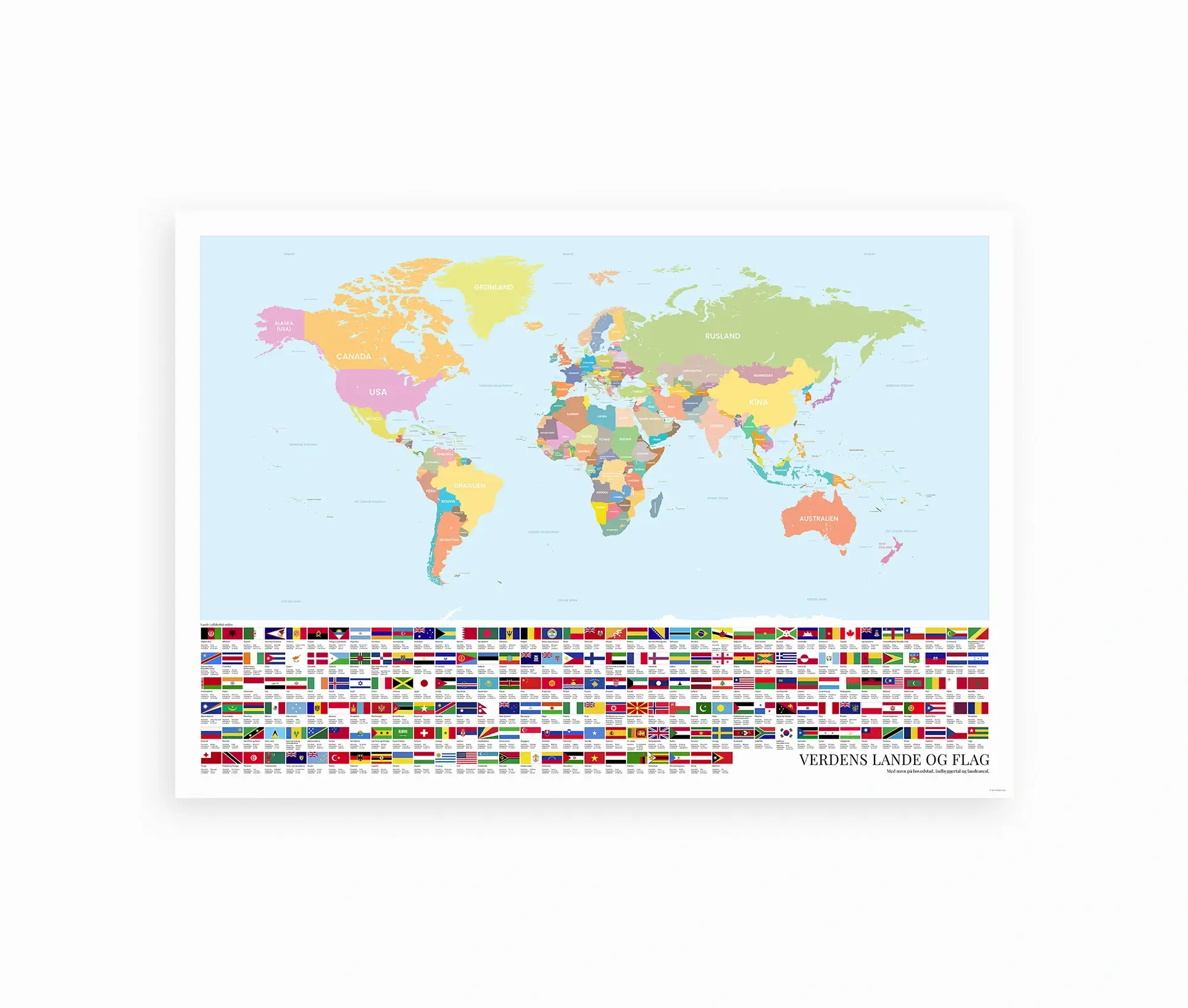 Farverigt verdenskort med navne på lande og nationale flag i bunden – lærerig plakat til børn og voksne