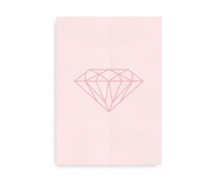 Minimalistisk plakat med en geometrisk diamantillustration i lyserød på en sart lyserød baggrund.