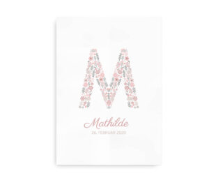Personlig navneplakat med mulighed for tilpasning af navn, dato og forbogstav, designet med et lyserødt blomsterfyldt bogstav.