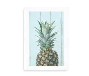 Plakat med et fotografisk motiv af en frisk ananas mod en lyseblå baggrund i et tropisk og minimalistisk design.