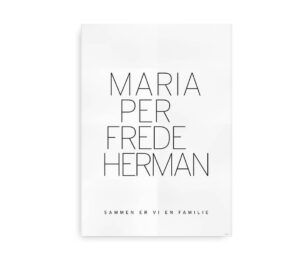 Minimalistisk familieplakat med mulighed for tilpasning af familienavne og teksten "Sammen er vi en familie".