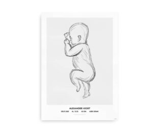 Fødselsplakat med størrelsesforhold 1:1, der viser en detaljeret illustration af en nyfødt baby på grå baggrund. Inkluderer navn, fødselsdato, klokkeslæt, længde og vægt.