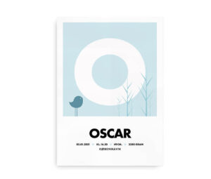 Personlig navneplakat med stort initial, navn og fødselsinformationer i et lyseblåt design med grafiske elementer som fugl og træer.