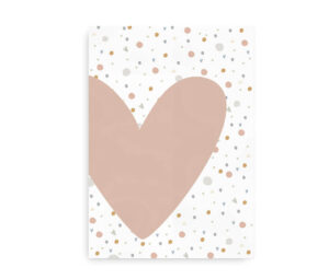 Plakat med et stort hjerte i brun nuance og et farverigt konfettimønster i baggrunden, i et moderne og boheme-inspireret design.