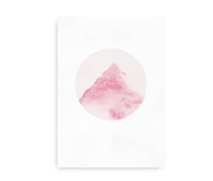 Minimalistisk plakat med en lyserød bjergtop indrammet i en cirkel.