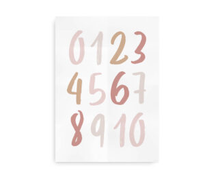Talplakat med tallene 0 til 10 i håndmalet stil i rosa og beige nuancer på en hvid baggrund.