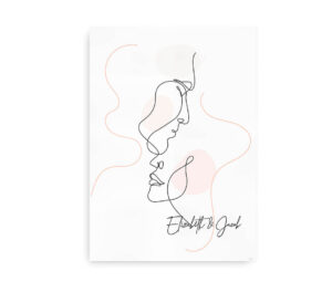Minimalistisk plakat med linjetegning af et par ansigter og plads til personlig tilpasning med navne.