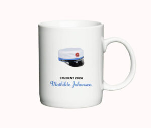 Hvid kop med HF-studenterhue og mulighed for personliggørelse med navn og årstal.