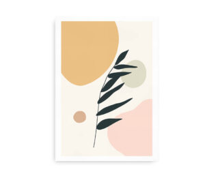 Minimalistisk plakat med en stiliseret plantegren og abstrakte farvede former.