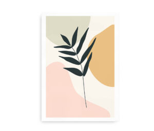 Minimalistisk plakat med en plantegren og farvede abstrakte former i pastelfarver.
