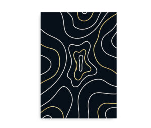 Abstrakt plakat med guld- og hvide linjer i organiske former på en mørk baggrund.