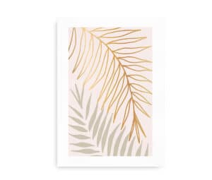 Plakat med illustration af stiliserede palmeblade i guld og beige farver.