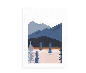 Abstrakt plakat med bjerglandskab og træer i forskellige blå nuancer.