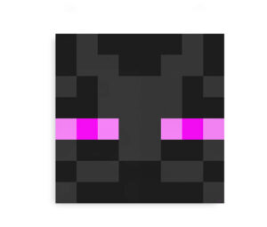 Plakat med Minecraft Enderman ansigt i pixelart, med mørkt skyggefuldt design og karakteristiske lilla øjne.