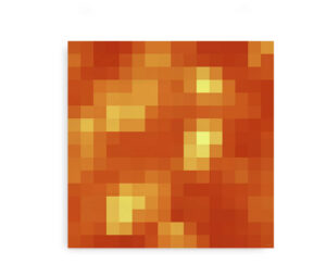 Plakat af Minecraft lava blok i pixelart, med varierende orange og gule nuancer, der efterligner flammende varme.