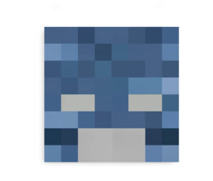 Plakat af Minecraft Wither i pixelart, med nuancer af blå og grå, der fremhæver det karakteristiske ansigt af Witheren.