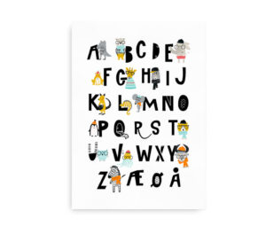 Plakat med alfabetet og farverige dyreillustrationer, hvor hver bogstav er ledsaget af en tegning af et dyr, der matcher bogstavet.