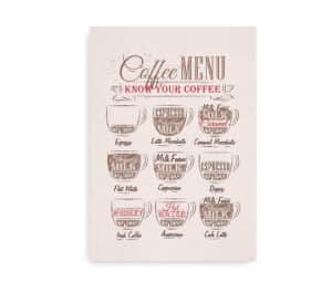 Plakat med kaffemenu og forskellige kaffedrikke, herunder Espresso, Latte Macchiato, Cappuccino, Irish Coffee og flere, i vintage design med rød og brun farve på beige baggrund.