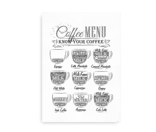 Coffee Menu - plakat til køkkenet - hvid