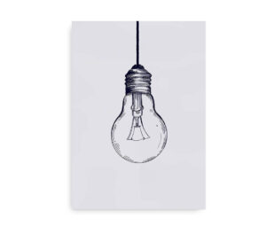 Plakat med en skitse af en hængende pærer i vintage stil, med detaljeret tegning i blå farve på en lys grå baggrund.