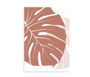 Plakat med illustration af store tropiske blade i varmere farver som terracotta og beige.
