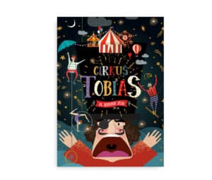 Navneplakat med cirkustema, hvor navn og fødselsdato tilpasses. Billedet viser et festligt cirkustema med en stor top hat, akrobater, en klovn og balloner, hvor plakaten kan personaliseres med et navn og en dato.