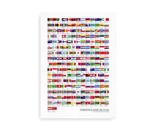 Plakat med verdens lande og deres flag, præsenteret i et farverigt layout med landeinformationer.