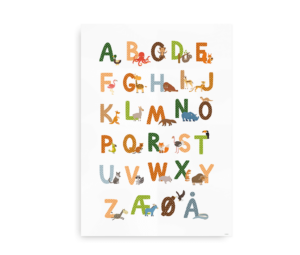 Alfabet plakat med dyreillustrationer, hvor hver bogstav er repræsenteret med et dyr, f.eks. A for abe, B for blæksprutte og C for chimpanser.