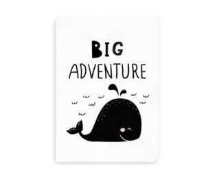 Plakat med teksten "Big Adventure" og illustration af en smilende hval med små bølger omkring.