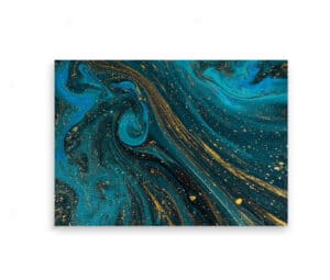 Plakat med abstrakt motiv i blå og guld, der skaber et flydende og dynamisk mønster.