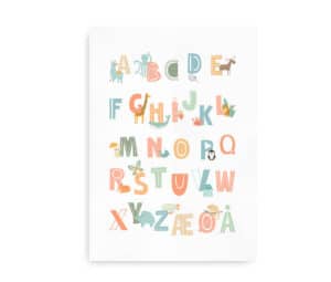 Farverig alfabetplakat med dyr for hver bogstav.