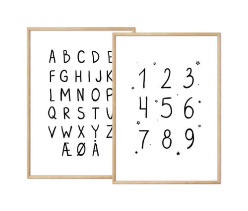 Håndskrevet alfabet- og talplakat til børn - Farve sort