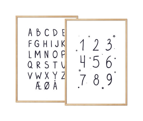 Håndskrevet alfabet- og talplakat til børn - Midnatsblå