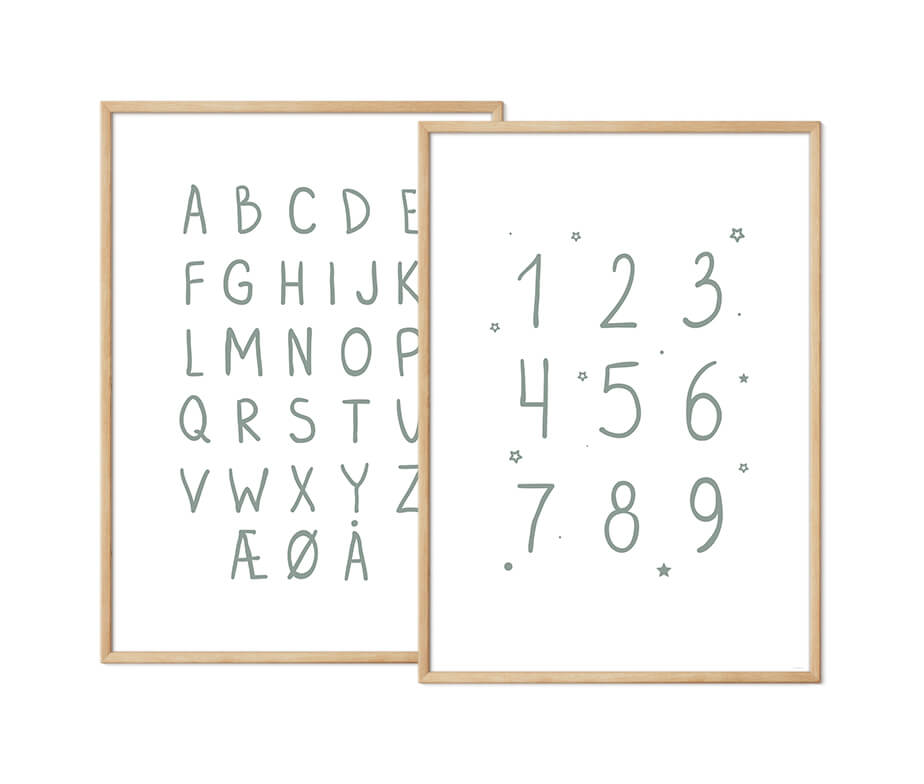 Håndskrevet alfabet- og talplakat til børn - Oliven grøn