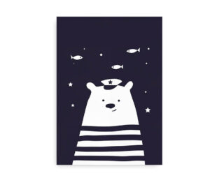 Plakat til børn med tegning af en sød bjørn i sømandstøj, omgivet af fisk og stjerner på mørk baggrund.