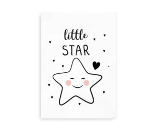 Plakat til børn med teksten "Little Star" og en smilende stjerne omgivet af små hjerter på hvid baggrund.