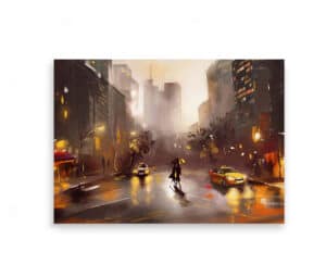 Plakat med malerisk motiv af en regnfuld byscene med varme gule og røde nuancer, gule taxaer og en person med paraply.