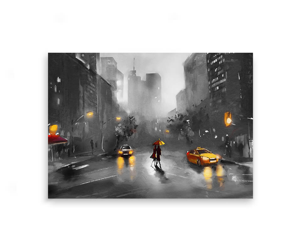 Plakat med malerisk motiv af en regnfuld byscene i sort-hvid med gule taxaer og en person med rød paraply.